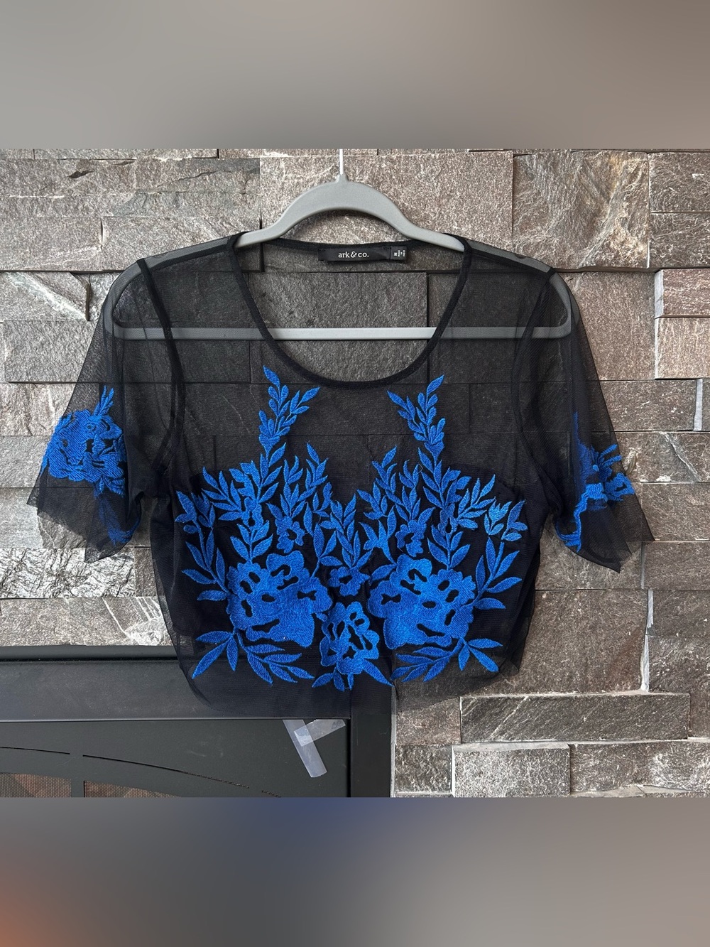 Ark & Co Black Mesh Crop Top w/ Blue Floral Embroidery
